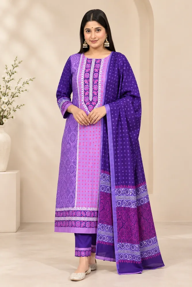 Lilac & Purple Cotton Block Print 3-Piece Salwar Kameez
