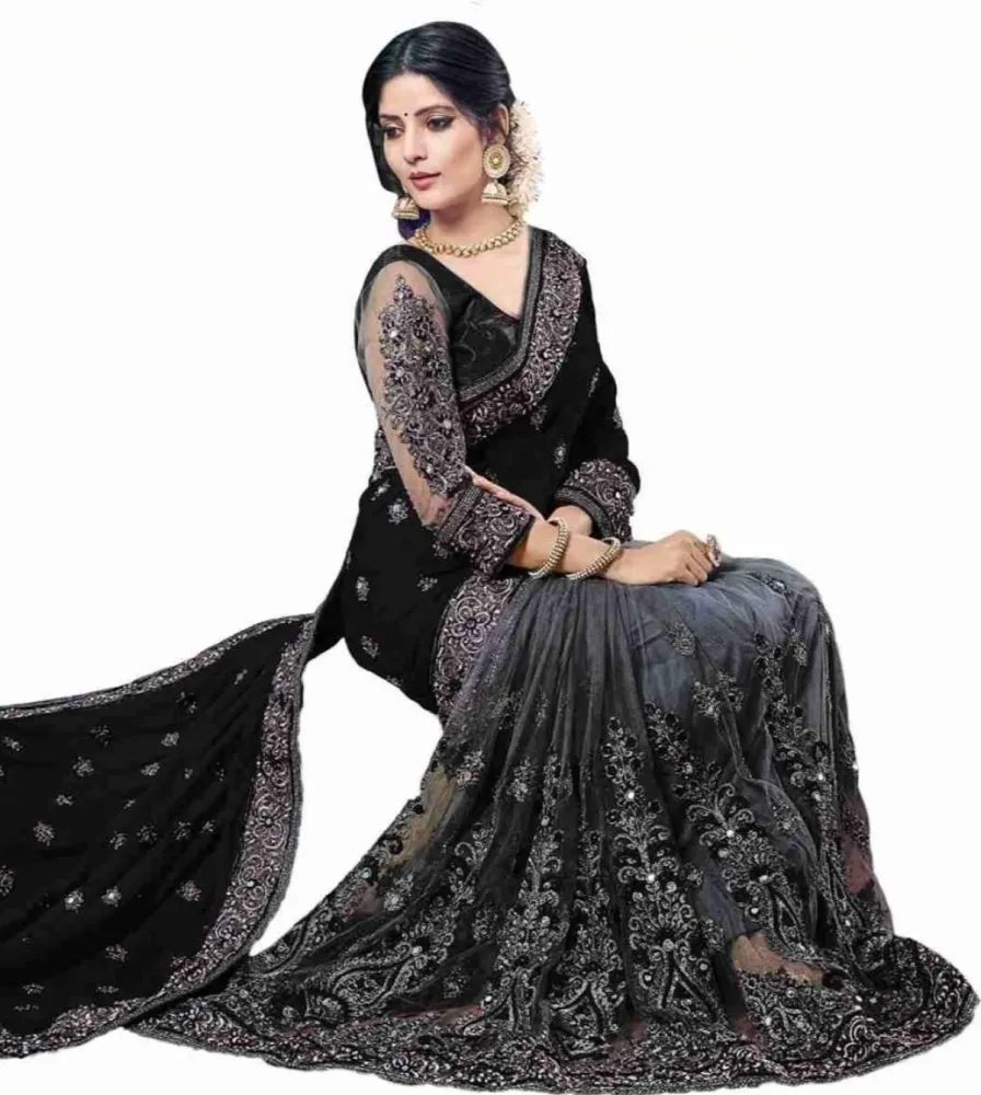 Black & Grey Embroidered Georgette Saree