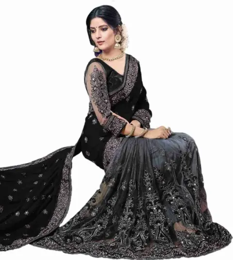 Black & Grey Embroidered Georgette Saree