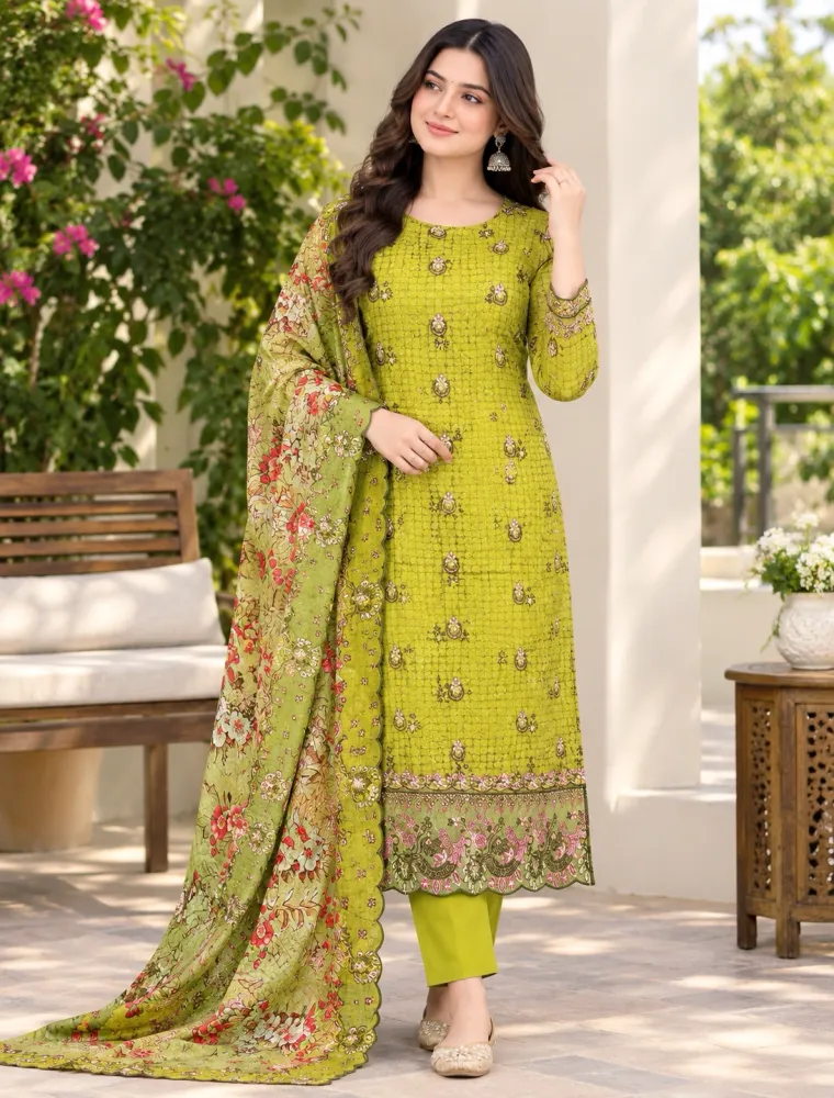 Lime Green Soft Cotton Digital Print Embroidered & Sequin Work 3-Piece Salwar Kameez