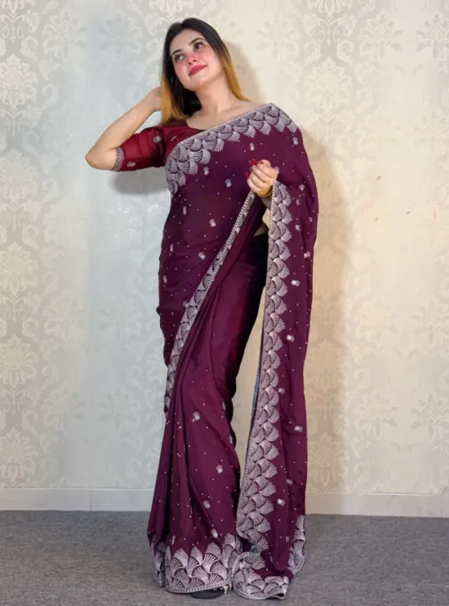 Luxury Designer Saree with Embroidery & Silver Zari Work - Shopemart 1