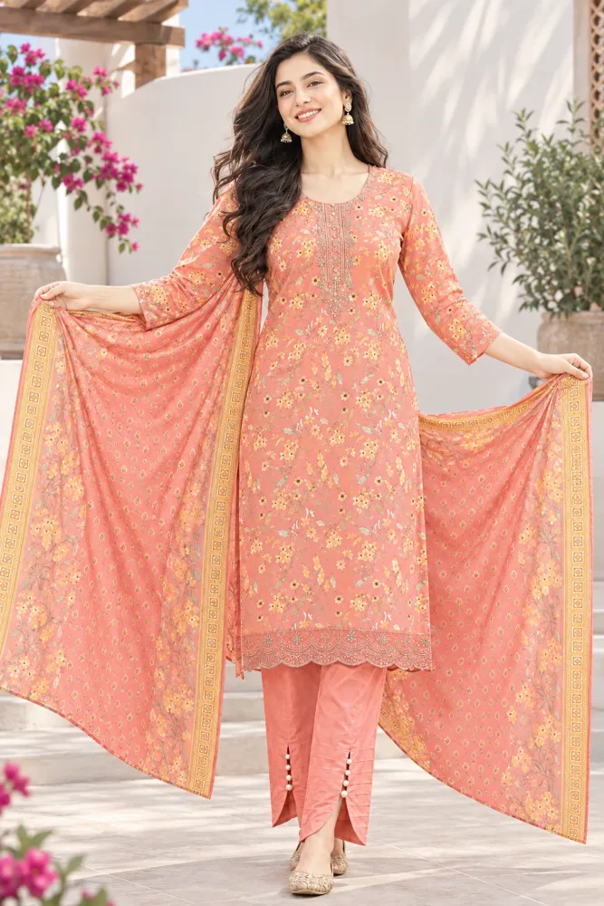 Coral Orange Soft Cotton Digital Print Embroidered 3-Piece Salwar Kameez
