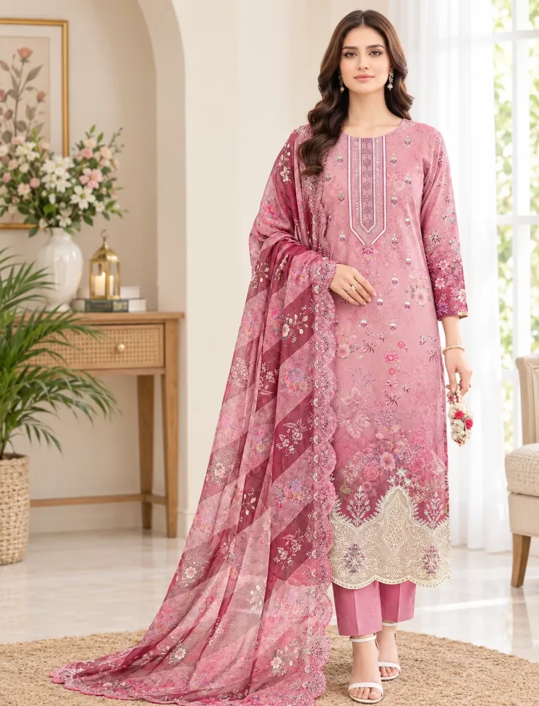 Rose Pink Soft Cotton Digital Print Embroidered 3-Piece Salwar Kameez