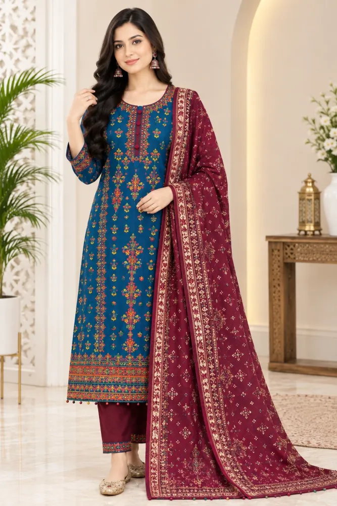 Teal Blue & Maroon Cotton Block Print Ready-Made 3-Piece Salwar Kameez