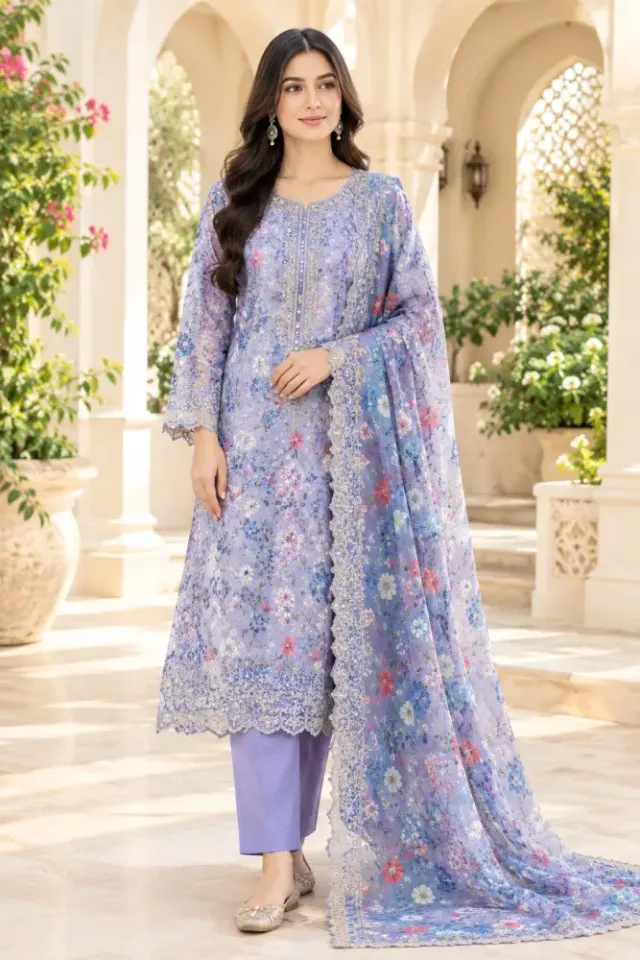 Powder Blue Soft Cotton Digital Print Embroidered 3-Piece Salwar Kameez