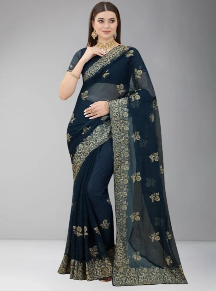 Luxury Designer Saree with Embroidery & Golden Zari Work S-4074 TO