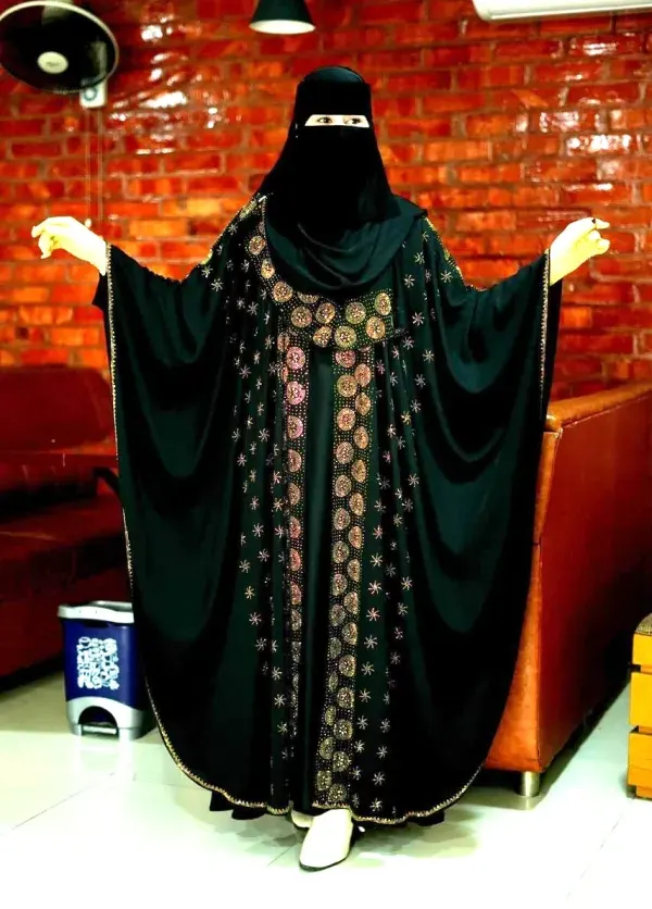 Black Premium Abaya Borka with DMC Stone Work & Matching Hijab