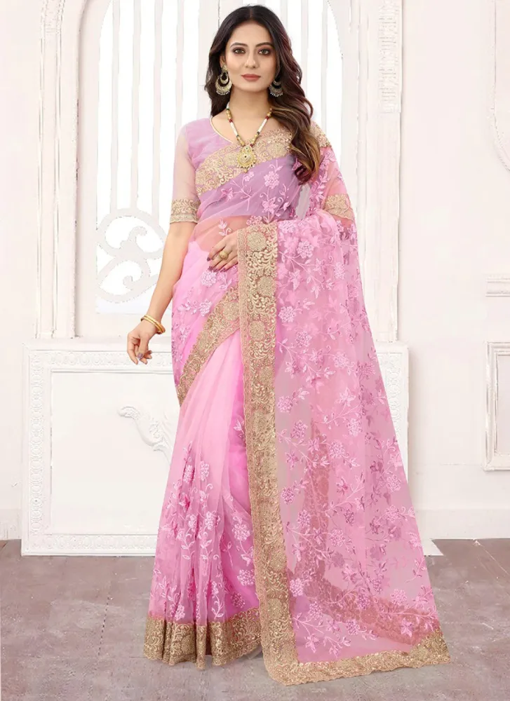 Designer Pink Georgette Saree with Gold Embroidery – Elegant Designer Party Wear Saree - Shopemart