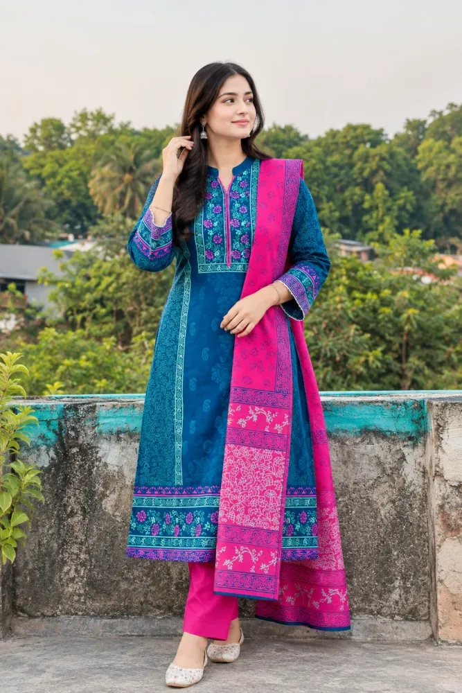 Peacock Blue & Pink Cotton Block Print 3-Piece Salwar Kameez