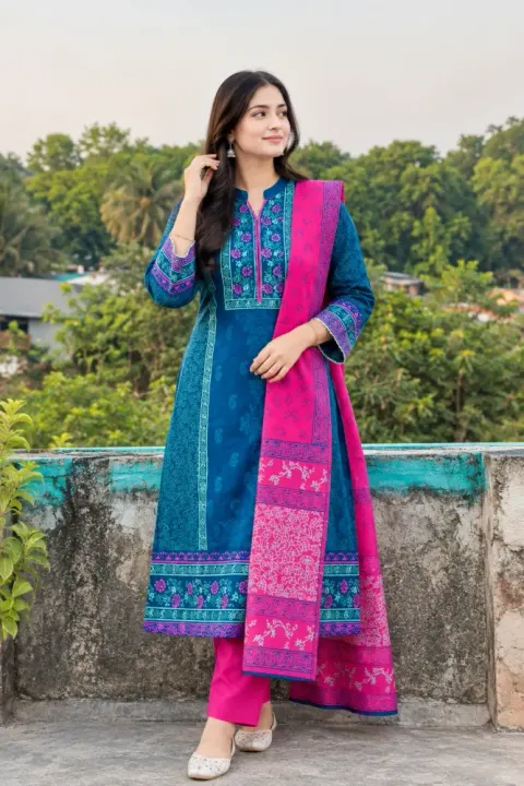 Peacock Blue & Pink Cotton Block Print 3-Piece Salwar Kameez