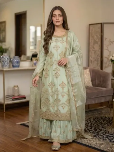 Embroidered Jimmy Chu Georgette Sharara Suit - Shopemart 1