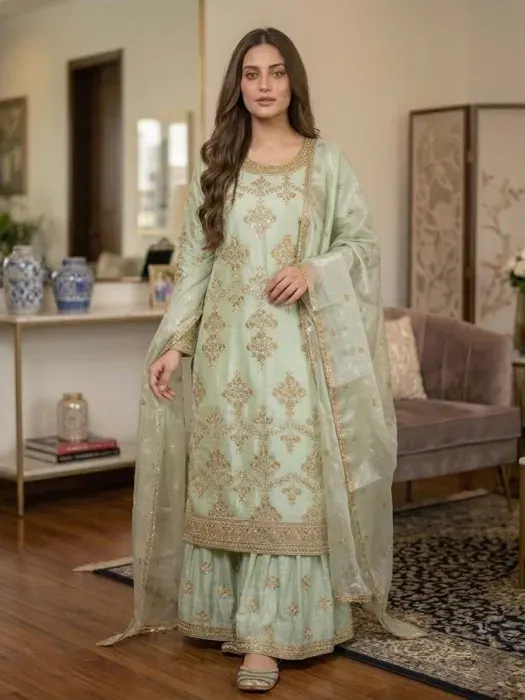 Embroidered Jimmy Chu Georgette Sharara Suit - Shopemart 1