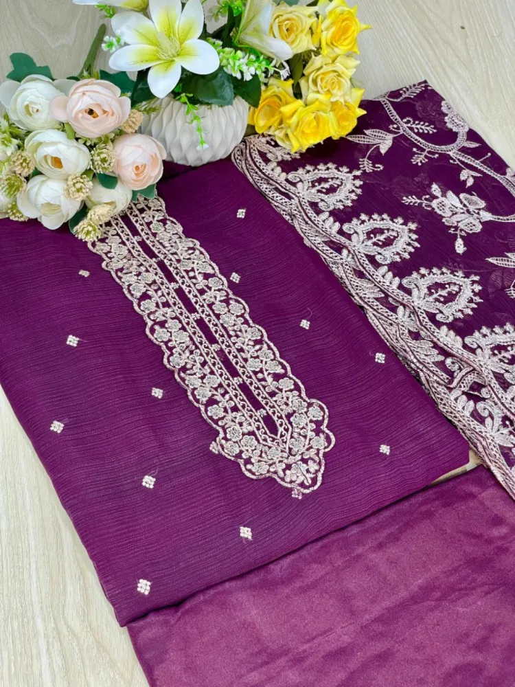 Purple Embroidered Georgette Semi-Stitched Salwar Suit