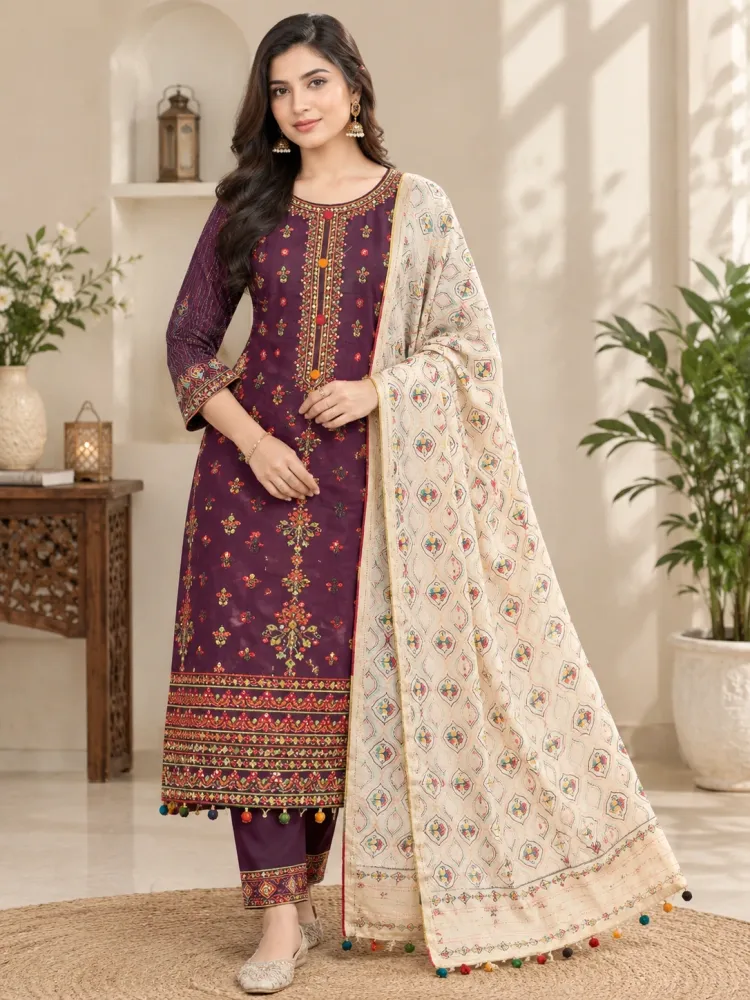 Purple & Ivory Cotton Block Print Ready-Made 3-Piece Salwar Kameez