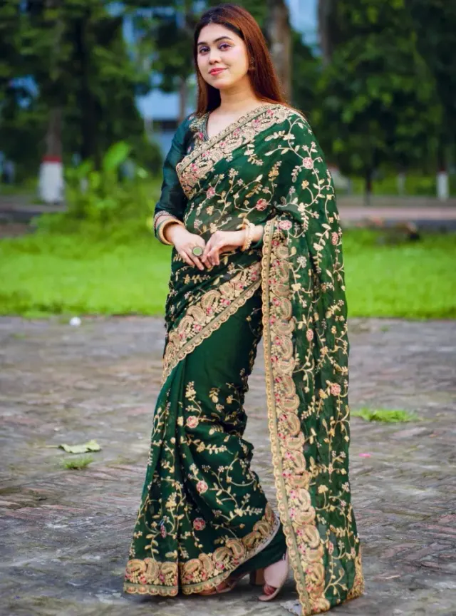 Luxury Designer Saree with Embroidery, Golden Zari & Multi-Thread Stone Work - Shopemart 1