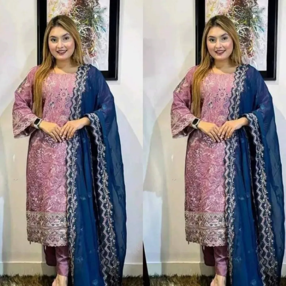 Mauve Pink & Navy Embroidered Georgette Semi-Stitched Salwar Suit