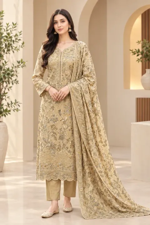 Khaki Beige Soft Cotton Digital Print Embroidered 3-Piece Salwar Kameez