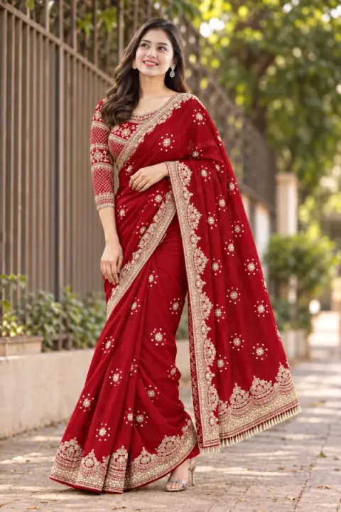Maroon Luxury Bridal Georgette Saree with Heavy Embroidery & Sequin Work Designer Blouse