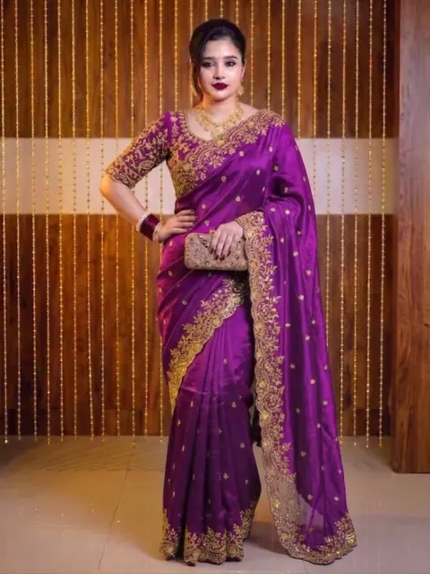 Purple Embroidered Jimmy Choo Party Wear Saree for Women