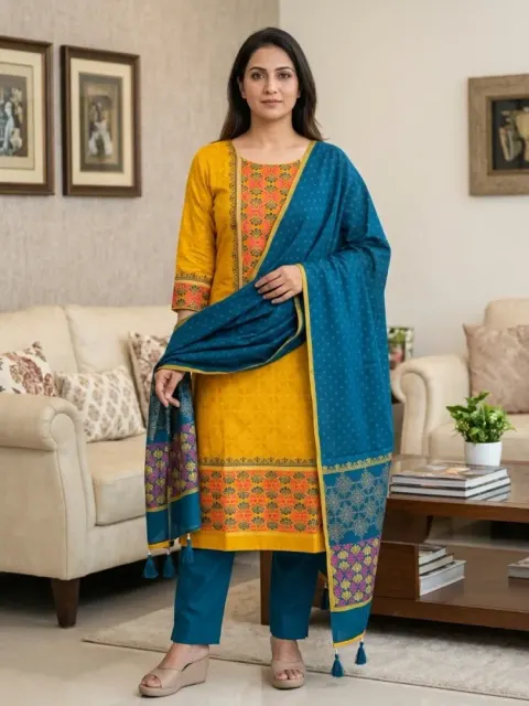 Yellow & Peacock Blue Cotton Block Print 3-Piece Salwar Kameez