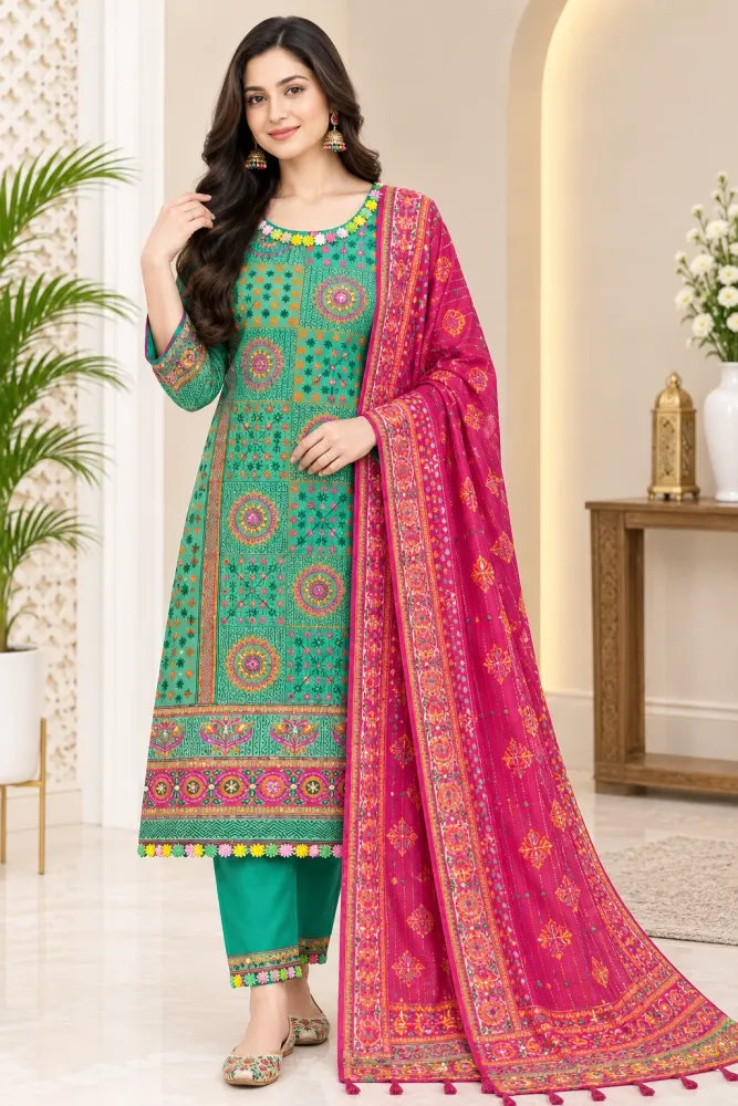 Green & Pink Cotton Block Print Ready-Made 3-Piece Salwar Kameez