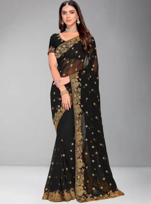 Luxury Designer Saree with Embroidery & Golden Zari Work - Shopemart 1