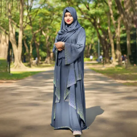 Steel Blue Layered Irani Abaya Borka