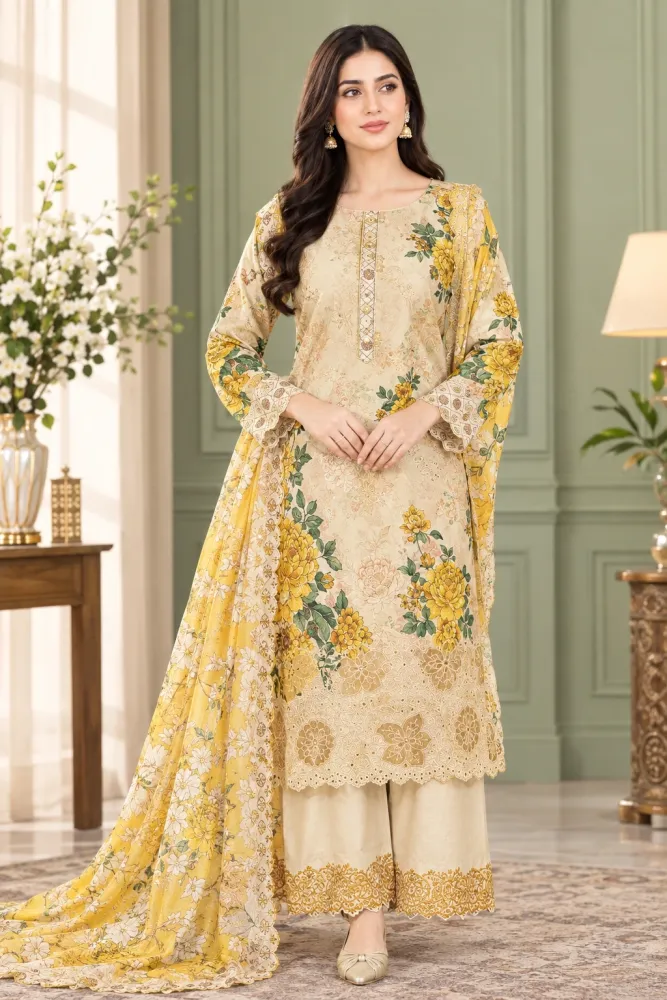 Cream & Yellow Soft Cotton Digital Print Embroidered 3-Piece Salwar Kameez