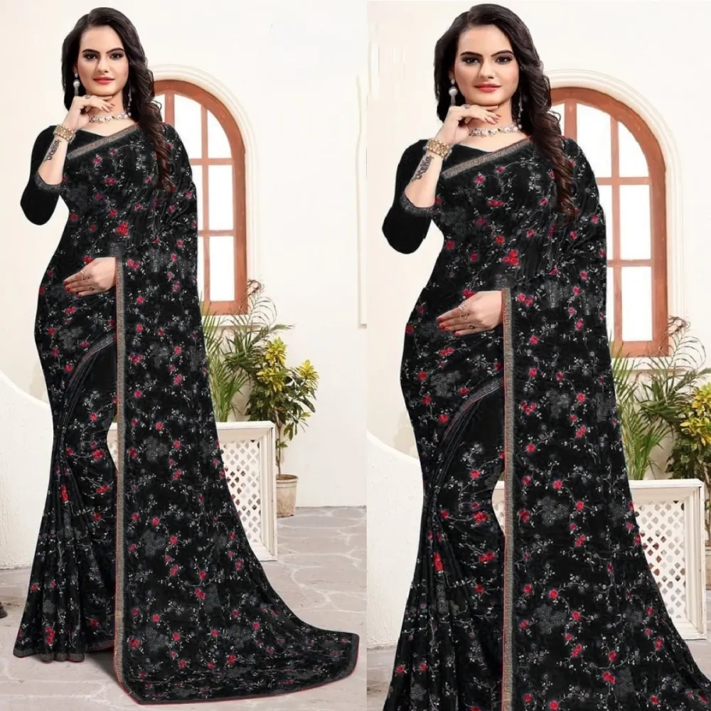 Georgette Embroidered Saree for Women S-3076 BK