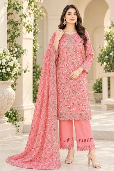 Coral Pink Soft Cotton Digital Print Embroidered 3-Piece Salwar Kameez