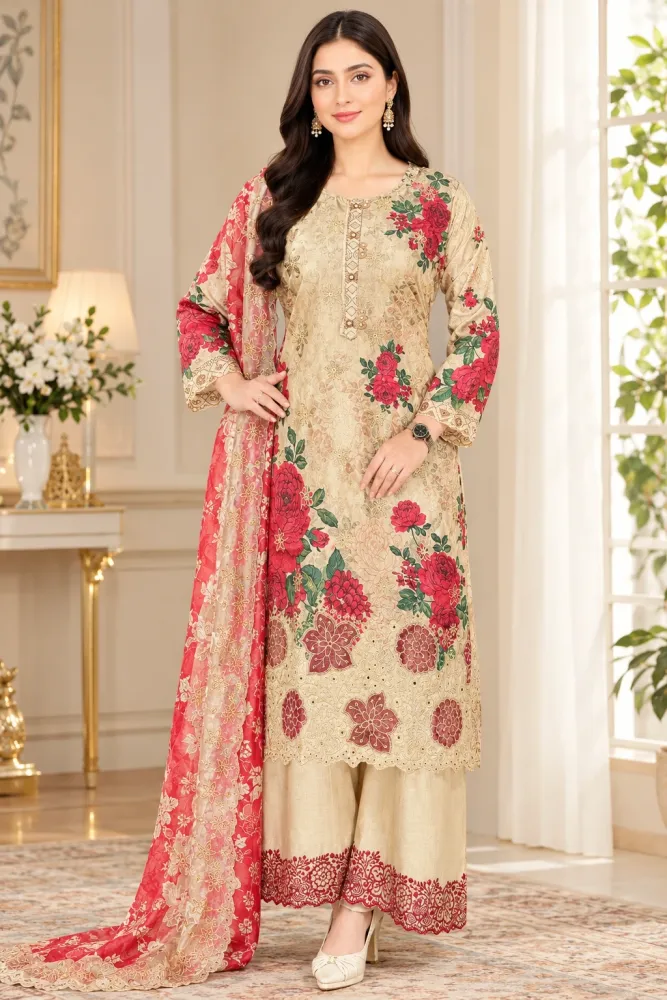 Cream & Red Soft Cotton Digital Print Embroidered 3-Piece Salwar Kameez
