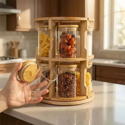 360° Rotating Bamboo Spice Rack Organizer – 10 Glass Jars