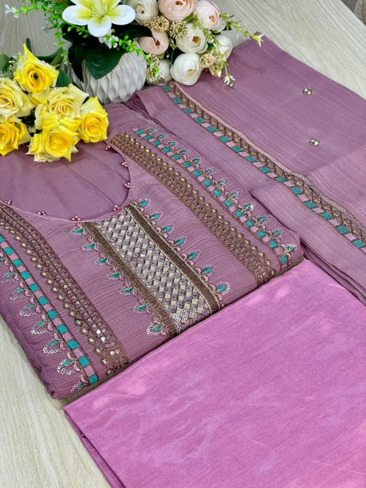 Lilac Pink Embroidered Georgette Semi-Stitched Salwar Suit