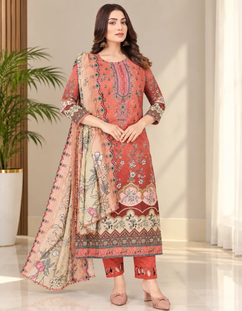 Brick Red Soft Cotton Digital Print Embroidered & Sequin Work 3-Piece Salwar Kameez