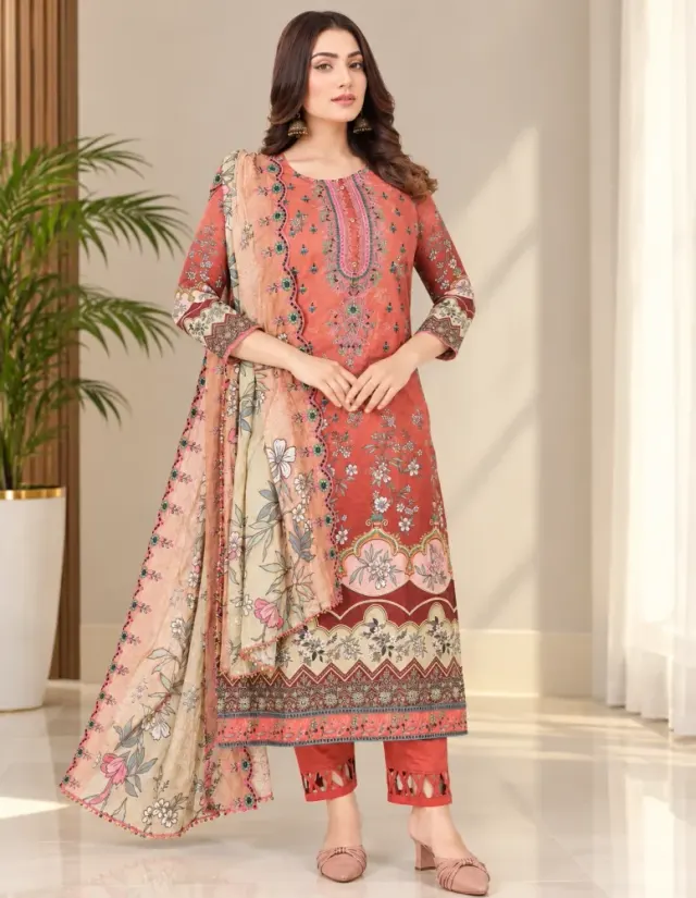 Brick Red Soft Cotton Digital Print Embroidered & Sequin Work 3-Piece Salwar Kameez