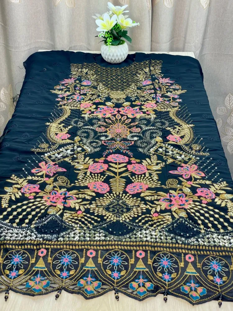 Navy Blue Embroidered Georgette Semi-Stitched Salwar Suit