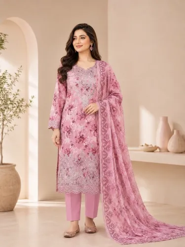 Pink Soft Cotton Digital Print Embroidered 3-Piece Salwar Kameez