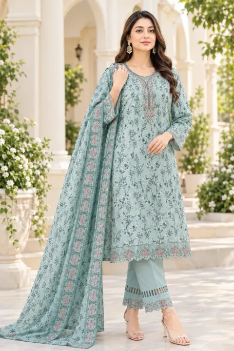 Aqua Blue Soft Cotton Digital Print Embroidered 3-Piece Salwar Kameez