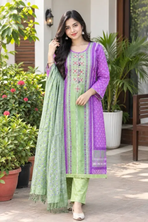Mint & Purple Cotton Block Print Ready-Made 3-Piece Salwar Kameez