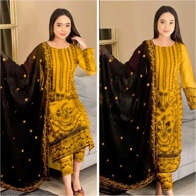 Mustard Yellow Embroidered Three Piece – Stylish Traditional Wear for Women in BD