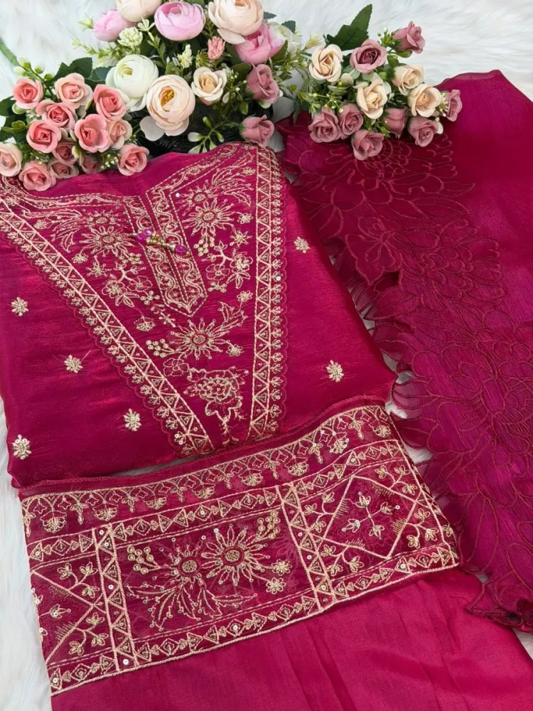 Rani Pink Embroidered Georgette Unstitched Salwar Suit