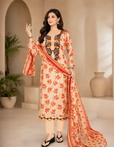 Peach & Orange Soft Cotton Digital Print Embroidered 3-Piece Salwar Kameez
