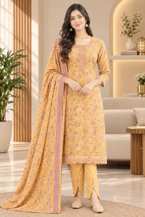 Mustard Yellow Soft Cotton Digital Print Embroidered 3-Piece Salwar Kameez