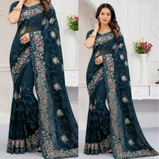 Dark Teal Embroidered Georgette Saree