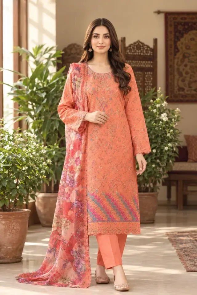Peach Orange Soft Cotton Digital Print Embroidered 3-Piece Salwar Kameez