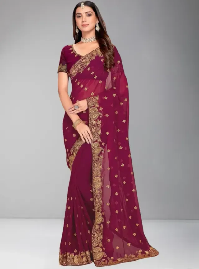 Luxury Designer Saree with Embroidery & Golden Zari Work - Shopemart 1
