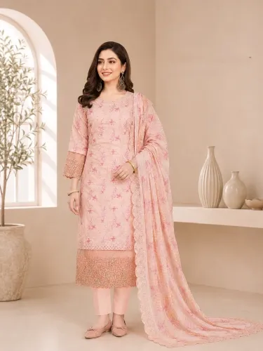 Peach Pink Soft Cotton Digital Print Embroidered & Sequin Work 3-Piece Salwar Kameez