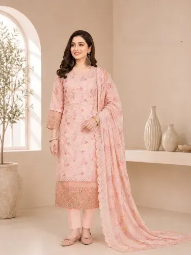 Peach Pink Soft Cotton Digital Print Embroidered & Sequin Work 3-Piece Salwar Kameez