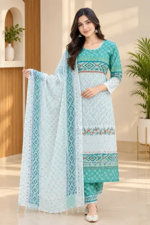 Sky Blue & White Cotton Block Print Ready-Made 3-Piece Salwar Kameez