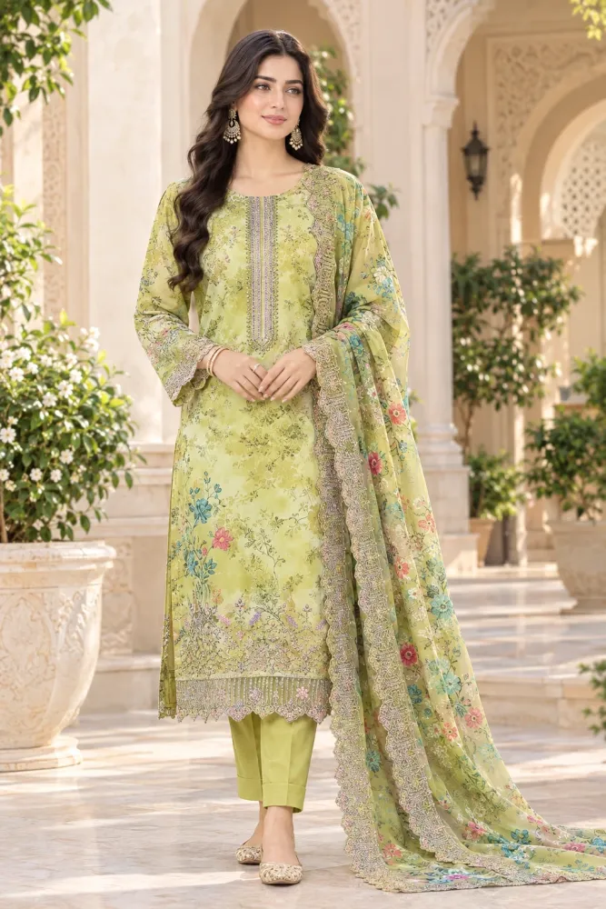 Lime Green Soft Cotton Digital Print Embroidered 3-Piece Salwar Kameez